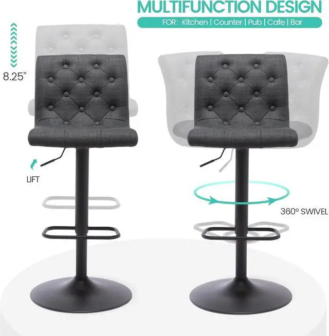 Alt view image 5 of 7 - Brage Living Tufted Fabric Bar Stools Set of 2, Adjustable Swivel Counter Height Barstools with Back, Upholstered Armless Airlift Bar Chairs for Kitchen Dining Cafe (Charcoal Black, Black Base)