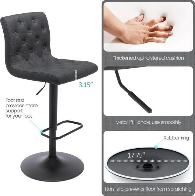 Alt view image 6 of 7 - Brage Living Tufted Fabric Bar Stools Set of 2, Adjustable Swivel Counter Height Barstools with Back, Upholstered Armless Airlift Bar Chairs for Kitchen Dining Cafe (Charcoal Black, Black Base)