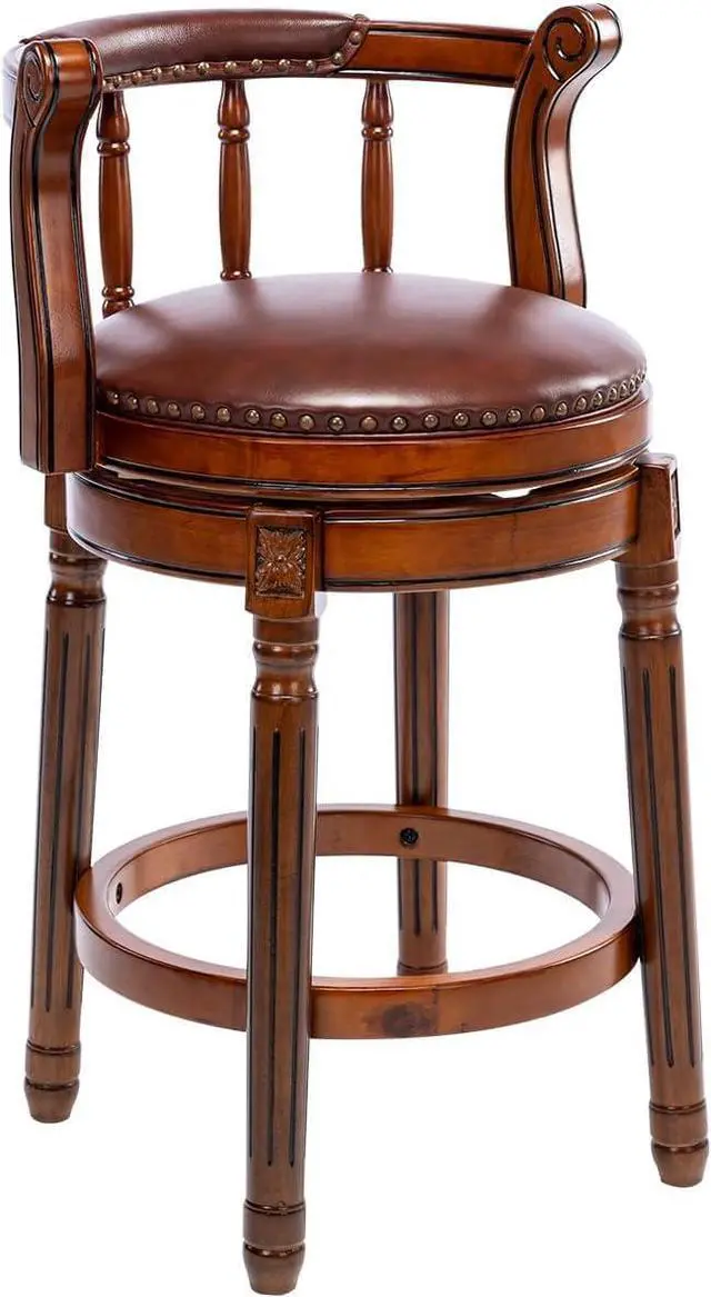 Main image of Bar Stools Counter Height Bar Stool-Rubber Wood Swivel Barstools with Back & Footrest -Genuine Leather Upholstered Bar Chair for Bar, Kitchen, Dining Room(seat Height 26in,1pc)