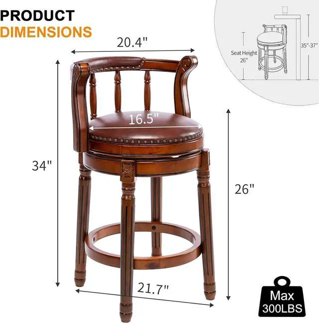 Alt view image 3 of 7 - Bar Stools Counter Height Bar Stool-Rubber Wood Swivel Barstools with Back & Footrest -Genuine Leather Upholstered Bar Chair for Bar, Kitchen, Dining Room(seat Height 26in,1pc)