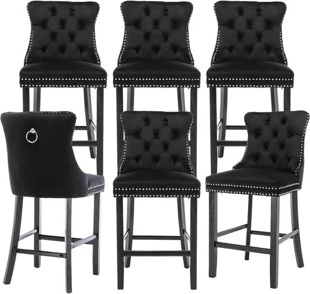 Main image of Velvet Upholstered Bar Stools Set of 6 with Back and Wood Legs, Metal Pulling Ring, Armless Counter Height Barstools for Kitchen Island, Pub(Black)