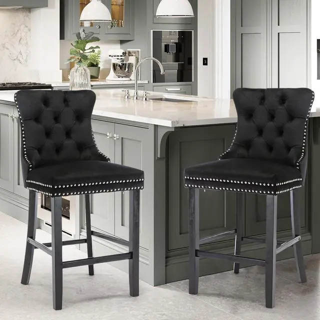 Alt view image 2 of 7 - Velvet Upholstered Bar Stools Set of 6 with Back and Wood Legs, Metal Pulling Ring, Armless Counter Height Barstools for Kitchen Island, Pub(Black)