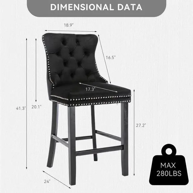 Alt view image 3 of 7 - Velvet Upholstered Bar Stools Set of 6 with Back and Wood Legs, Metal Pulling Ring, Armless Counter Height Barstools for Kitchen Island, Pub(Black)