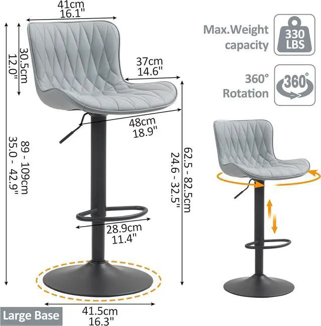 Alt view image 3 of 7 - Finnhomy Bar Stools Set of 2, Modern 360° Swivel Faux Leather Bar Stools, 24"-32.5" Seat Height with Back, 330 lbs Capacity, SGS Gas Lift, Upholstered Kitchen Chairs for Kitchen Island, Grey