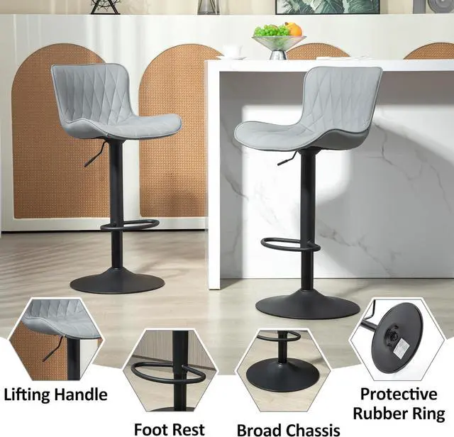 Alt view image 7 of 7 - Finnhomy Bar Stools Set of 2, Modern 360° Swivel Faux Leather Bar Stools, 24"-32.5" Seat Height with Back, 330 lbs Capacity, SGS Gas Lift, Upholstered Kitchen Chairs for Kitchen Island, Grey