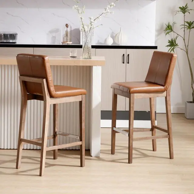 Main image of Kmax 30 Inch Bar Stools Set of 2, Farmhouse Upholstered Bar Stools with Back Support Rustic Wooden White Armless Barstools for Bar Club Pub - Linen, Brown