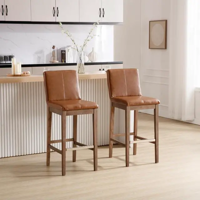 Alt view image 3 of 7 - Kmax 30 Inch Bar Stools Set of 2, Farmhouse Upholstered Bar Stools with Back Support Rustic Wooden White Armless Barstools for Bar Club Pub - Linen, Brown