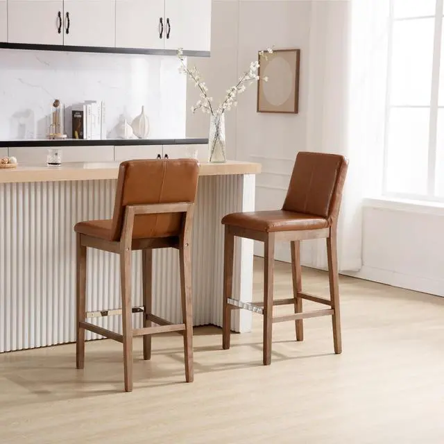 Alt view image 4 of 7 - Kmax 30 Inch Bar Stools Set of 2, Farmhouse Upholstered Bar Stools with Back Support Rustic Wooden White Armless Barstools for Bar Club Pub - Linen, Brown