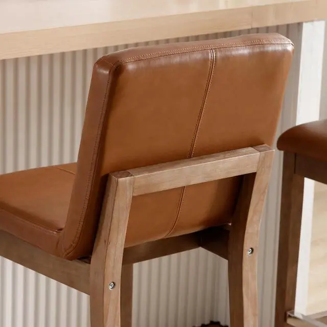 Alt view image 6 of 7 - Kmax 30 Inch Bar Stools Set of 2, Farmhouse Upholstered Bar Stools with Back Support Rustic Wooden White Armless Barstools for Bar Club Pub - Linen, Brown