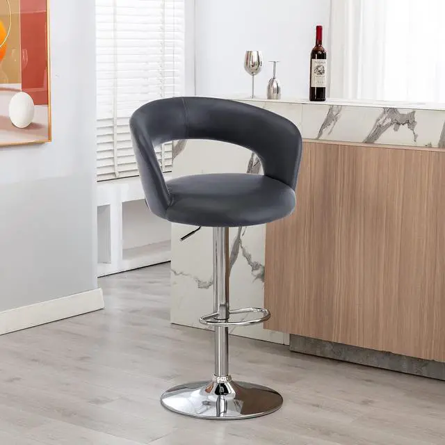 Alt view image 2 of 7 - Brage Living Wide Bar Stool, Modern PU Leather Swivel Adjustable Barstool with Hollow Back and Arms, Upholstered Airlift Counter Height Bar Chair for Kitchen Dining (Slate Grey)