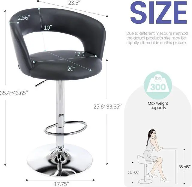 Alt view image 3 of 7 - Brage Living Wide Bar Stool, Modern PU Leather Swivel Adjustable Barstool with Hollow Back and Arms, Upholstered Airlift Counter Height Bar Chair for Kitchen Dining (Slate Grey)