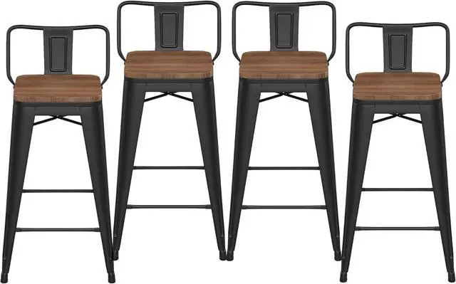 Main image of HAOBO Home 24" Low Back Metal Counter Stool Height Bar Stools with Wooden Seat [Set of 4] Barstools, Matte Black