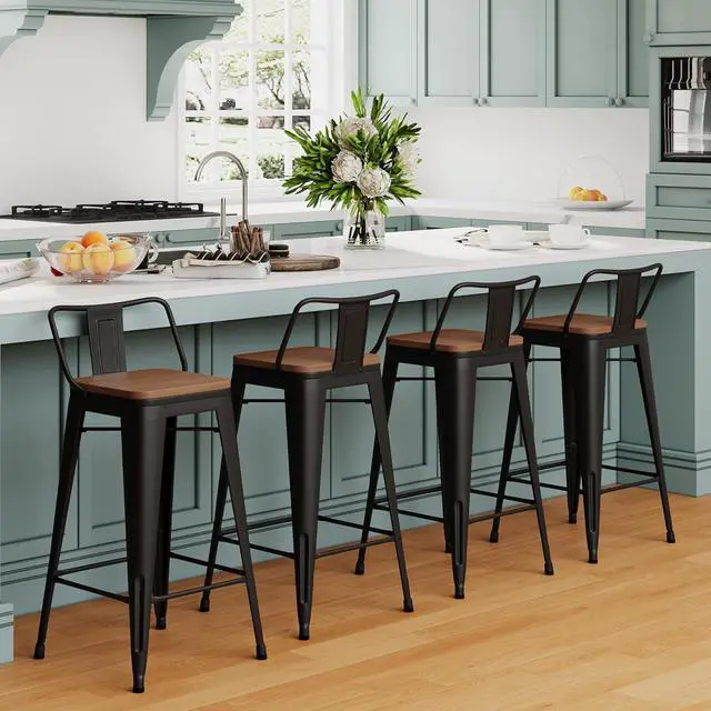 Alt view image 2 of 7 - HAOBO Home 24" Low Back Metal Counter Stool Height Bar Stools with Wooden Seat [Set of 4] Barstools, Matte Black