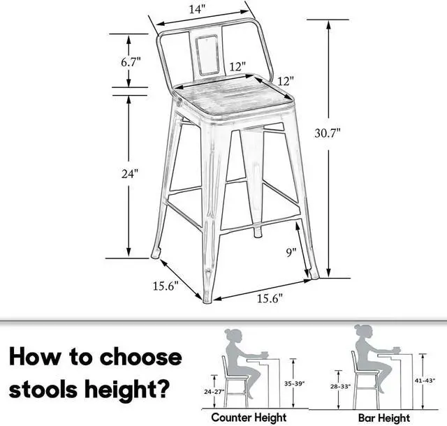 Alt view image 3 of 7 - HAOBO Home 24" Low Back Metal Counter Stool Height Bar Stools with Wooden Seat [Set of 4] Barstools, Matte Black