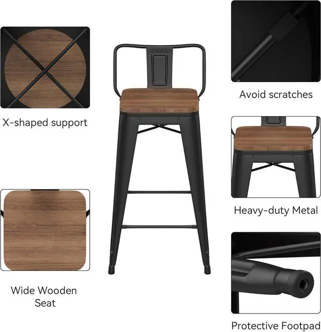 Alt view image 4 of 7 - HAOBO Home 24" Low Back Metal Counter Stool Height Bar Stools with Wooden Seat [Set of 4] Barstools, Matte Black
