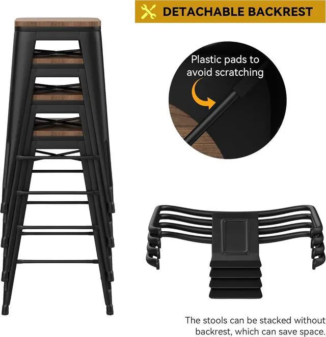 Alt view image 5 of 7 - HAOBO Home 24" Low Back Metal Counter Stool Height Bar Stools with Wooden Seat [Set of 4] Barstools, Matte Black