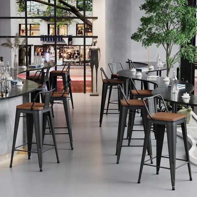 Alt view image 6 of 7 - HAOBO Home 24" Low Back Metal Counter Stool Height Bar Stools with Wooden Seat [Set of 4] Barstools, Matte Black