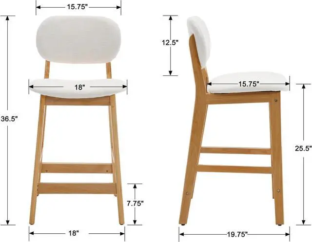 Alt view image 2 of 6 - EALSON Counter Height Bar Stools Set of 2 Farmhouse Barstools with Back Mid Century Modern Wood Bar Chairs Comfortable Linen Upholstered Kitchen Island Chairs for Breakfast Bar, Beige