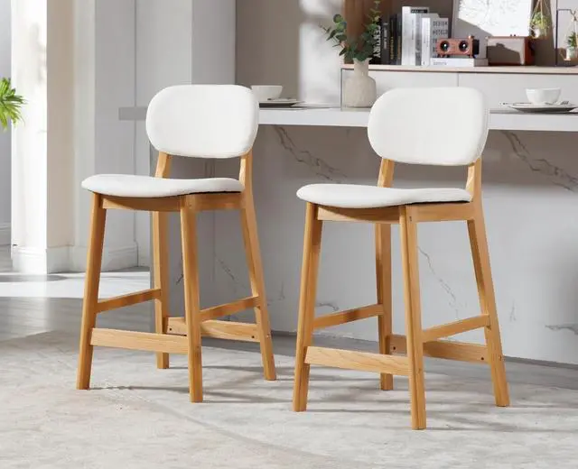 Main image of EALSON Counter Height Bar Stools Set of 2 Farmhouse Barstools with Back Mid Century Modern Wood Bar Chairs Comfortable Linen Upholstered Kitchen Island Chairs for Breakfast Bar, Beige