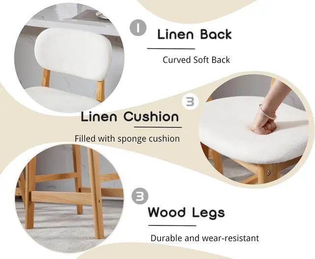 Alt view image 4 of 6 - EALSON Counter Height Bar Stools Set of 2 Farmhouse Barstools with Back Mid Century Modern Wood Bar Chairs Comfortable Linen Upholstered Kitchen Island Chairs for Breakfast Bar, Beige