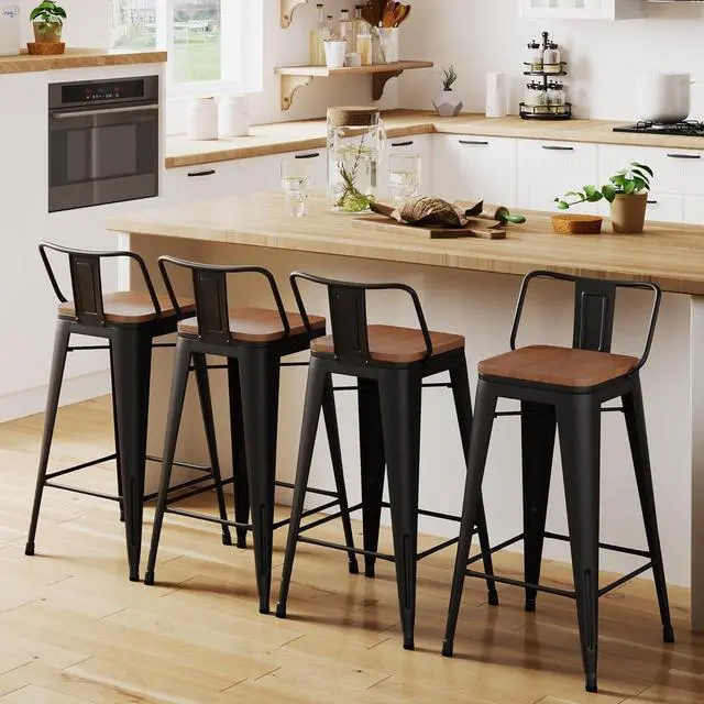 Alt view image 7 of 7 - HAOBO Home 24" Low Back Metal Counter Stool Height Bar Stools with Wooden Seat [Set of 4] Barstools, Matte Black