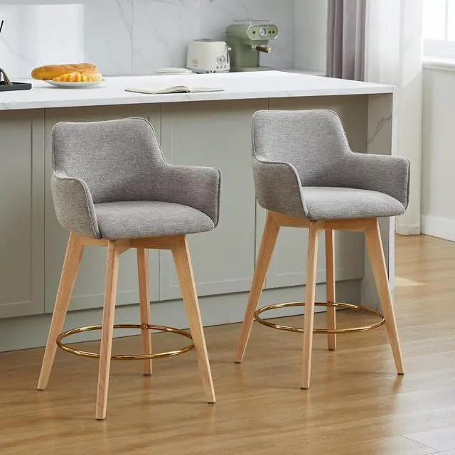 Main image of ONEVOG Bar Stools Set of 2, Counter Height Island Chairs with Back, Arms, Metal Footrest and Solid Wood Legs, 26" Modern Swivel Barstools, Upholstered Tall Stool for Kitchen/Dining Room/Pub, Grey