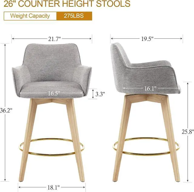 Alt view image 2 of 7 - ONEVOG Bar Stools Set of 2, Counter Height Island Chairs with Back, Arms, Metal Footrest and Solid Wood Legs, 26" Modern Swivel Barstools, Upholstered Tall Stool for Kitchen/Dining Room/Pub, Grey