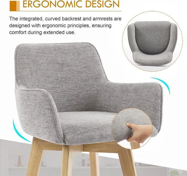 Alt view image 3 of 7 - ONEVOG Bar Stools Set of 2, Counter Height Island Chairs with Back, Arms, Metal Footrest and Solid Wood Legs, 26" Modern Swivel Barstools, Upholstered Tall Stool for Kitchen/Dining Room/Pub, Grey