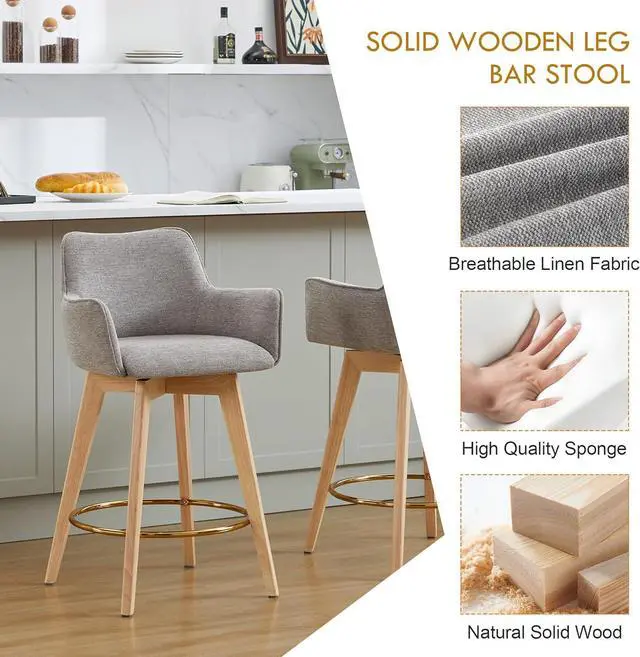 Alt view image 4 of 7 - ONEVOG Bar Stools Set of 2, Counter Height Island Chairs with Back, Arms, Metal Footrest and Solid Wood Legs, 26" Modern Swivel Barstools, Upholstered Tall Stool for Kitchen/Dining Room/Pub, Grey