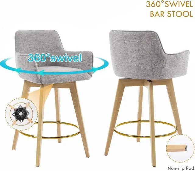Alt view image 5 of 7 - ONEVOG Bar Stools Set of 2, Counter Height Island Chairs with Back, Arms, Metal Footrest and Solid Wood Legs, 26" Modern Swivel Barstools, Upholstered Tall Stool for Kitchen/Dining Room/Pub, Grey