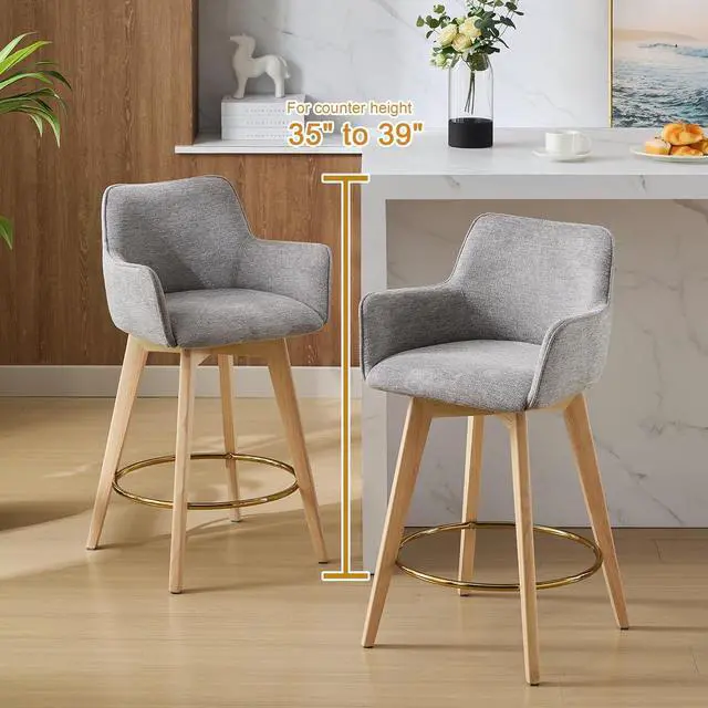 Alt view image 6 of 7 - ONEVOG Bar Stools Set of 2, Counter Height Island Chairs with Back, Arms, Metal Footrest and Solid Wood Legs, 26" Modern Swivel Barstools, Upholstered Tall Stool for Kitchen/Dining Room/Pub, Grey