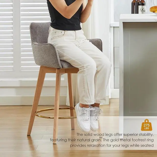 Alt view image 7 of 7 - ONEVOG Bar Stools Set of 2, Counter Height Island Chairs with Back, Arms, Metal Footrest and Solid Wood Legs, 26" Modern Swivel Barstools, Upholstered Tall Stool for Kitchen/Dining Room/Pub, Grey