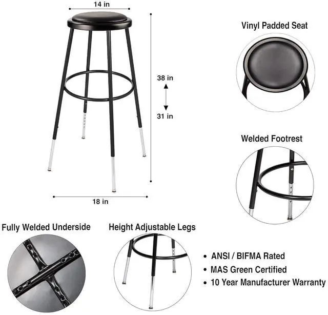 Alt view image 3 of 5 - OEF Furnishings (2 Pack) Height Adjustable Black Vinyl Padded Stool, 31-38"" High (OEF6430H-10)
