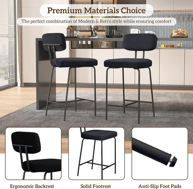 Alt view image 3 of 7 - Counter Height Bar Stools Set of 2, 26" Black Bar Stools with Back and Metal Legs, Fabric Kitchen Counter Stools with Footrest and Wide Seat, Bar Chairs for Kitchen Island