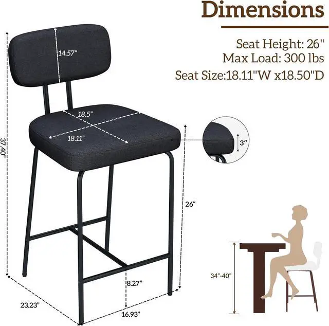 Alt view image 2 of 7 - Counter Height Bar Stools Set of 2, 26" Black Bar Stools with Back and Metal Legs, Fabric Kitchen Counter Stools with Footrest and Wide Seat, Bar Chairs for Kitchen Island