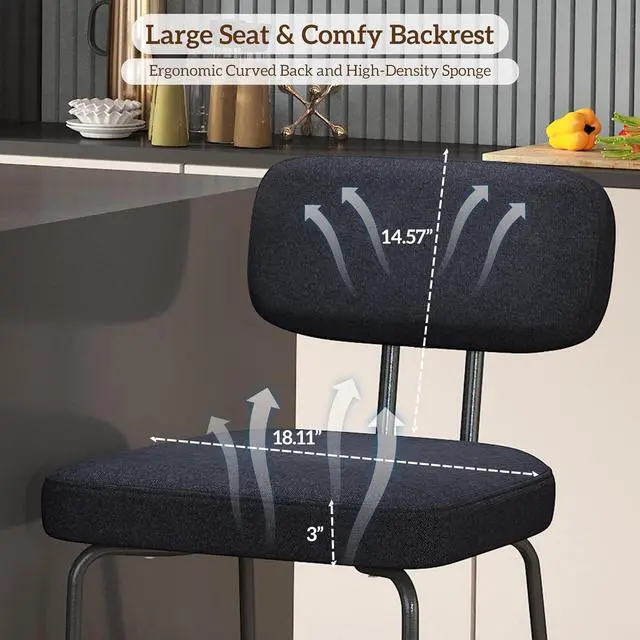 Alt view image 5 of 7 - Counter Height Bar Stools Set of 2, 26" Black Bar Stools with Back and Metal Legs, Fabric Kitchen Counter Stools with Footrest and Wide Seat, Bar Chairs for Kitchen Island