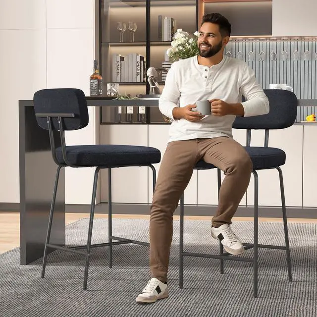 Alt view image 6 of 7 - Counter Height Bar Stools Set of 2, 26" Black Bar Stools with Back and Metal Legs, Fabric Kitchen Counter Stools with Footrest and Wide Seat, Bar Chairs for Kitchen Island