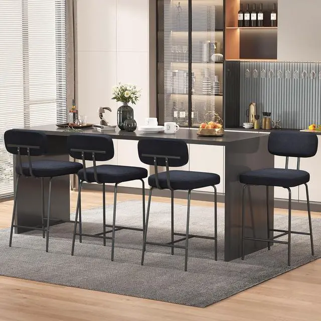 Alt view image 7 of 7 - Counter Height Bar Stools Set of 2, 26" Black Bar Stools with Back and Metal Legs, Fabric Kitchen Counter Stools with Footrest and Wide Seat, Bar Chairs for Kitchen Island