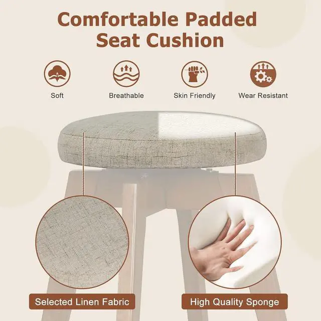 Alt view image 5 of 7 - COSTWAY Swivel Bar Stools Set of 2, 26-inch Backless Counter Height Bar Chairs with Rubber Wood Legs, Linen Fabric Seat, Footrest, Modern Counter Stools for Kitchen Island, Pub, Dining, Beige+Brown