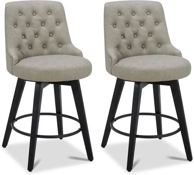 Main image of Watson & Whitely Modern Swivel Bar Stools, Faux Leather Upholstered Counter Height Bar Stools with Back, Solid Wood Legs, 26" H Seat, Set of 2, Stone Grey