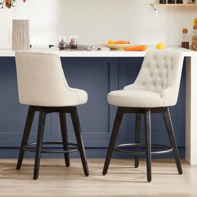 Alt view image 2 of 7 - Watson & Whitely Modern Swivel Bar Stools, Faux Leather Upholstered Counter Height Bar Stools with Back, Solid Wood Legs, 26" H Seat, Set of 2, Stone Grey