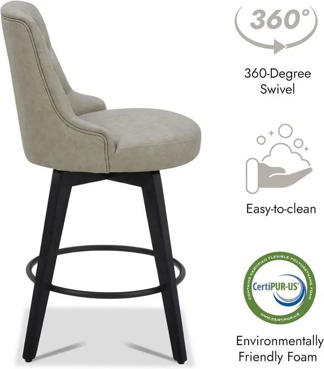 Alt view image 4 of 7 - Watson & Whitely Modern Swivel Bar Stools, Faux Leather Upholstered Counter Height Bar Stools with Back, Solid Wood Legs, 26" H Seat, Set of 2, Stone Grey