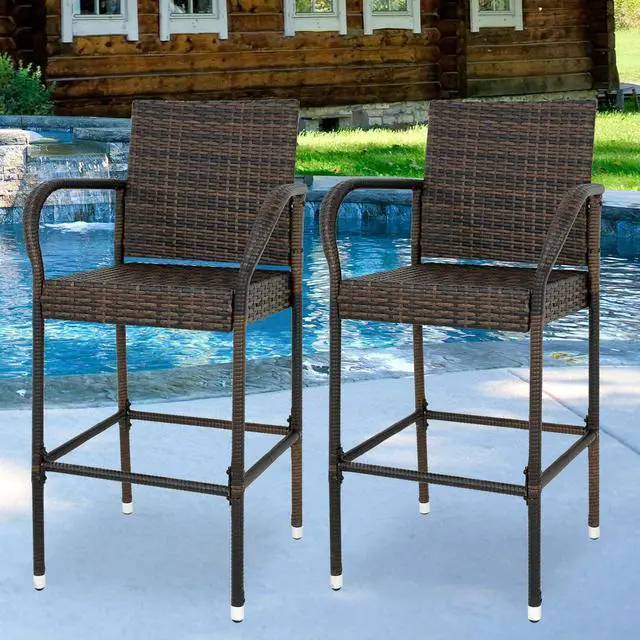 Main image of ZENY Set of 2 Wicker Barstool All Weather Dining Chairs Outdoor Patio Furniture Wicker Chairs Bar Stool with Armrest