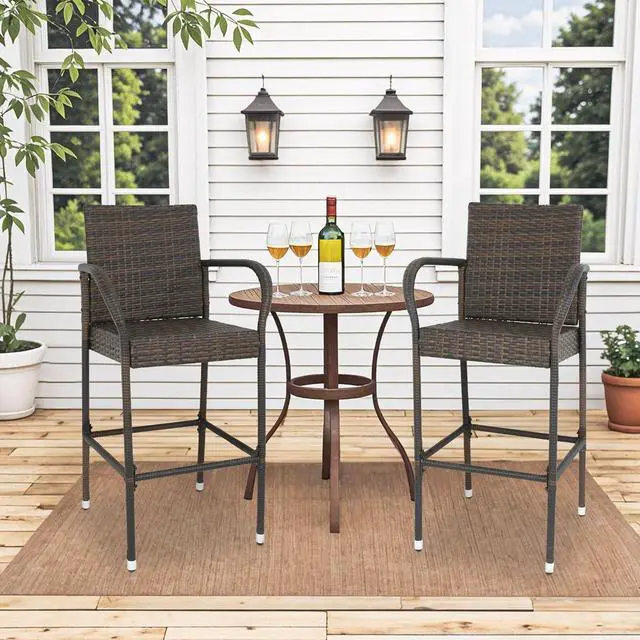 Alt view image 4 of 7 - ZENY Set of 2 Wicker Barstool All Weather Dining Chairs Outdoor Patio Furniture Wicker Chairs Bar Stool with Armrest