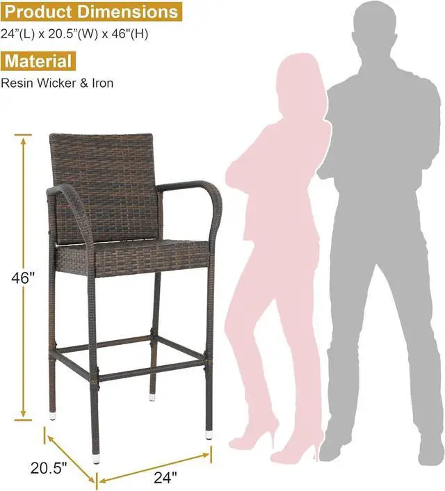 Alt view image 5 of 7 - ZENY Set of 2 Wicker Barstool All Weather Dining Chairs Outdoor Patio Furniture Wicker Chairs Bar Stool with Armrest