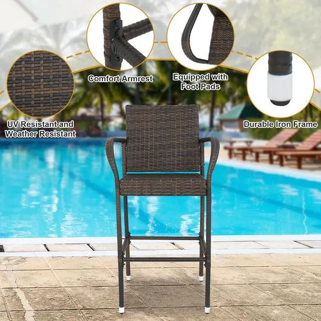 Alt view image 7 of 7 - ZENY Set of 2 Wicker Barstool All Weather Dining Chairs Outdoor Patio Furniture Wicker Chairs Bar Stool with Armrest