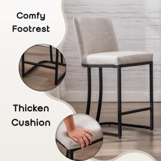 Alt view image 4 of 7 - Bar Stools Set of 4, 24" Counter Height Bar Stools with Back, Modern PU Leather Bar Stool for Kitchen Island, Upholstered Pub Stools with Footrest, Armless Kitchen Chairs for Bar, Grey