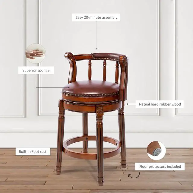Alt view image 5 of 7 - Bar Stools Counter Height Bar Stool-Rubber Wood Swivel Barstools with Back & Footrest -Genuine Leather Upholstered Bar Chair for Bar, Kitchen, Dining Room(seat Height 26in,1pc)