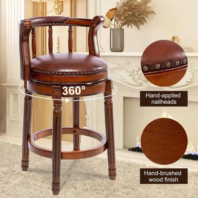 Alt view image 6 of 7 - Bar Stools Counter Height Bar Stool-Rubber Wood Swivel Barstools with Back & Footrest -Genuine Leather Upholstered Bar Chair for Bar, Kitchen, Dining Room(seat Height 26in,1pc)