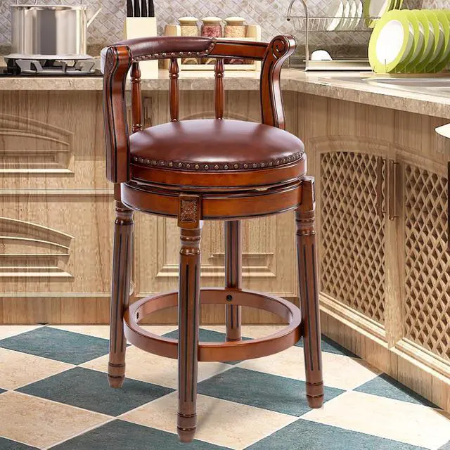 Alt view image 7 of 7 - Bar Stools Counter Height Bar Stool-Rubber Wood Swivel Barstools with Back & Footrest -Genuine Leather Upholstered Bar Chair for Bar, Kitchen, Dining Room(seat Height 26in,1pc)